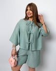 Linen blend set with shorts , linen 80% и polyester 20%, подходящ за летни ежедневни облекла.