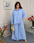 Set of shirt and trousers made of cotton blend с linen 80% и polyester 20%, светъл цвят, подходящ за ежедневни случаи.