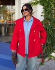 Short cashmere coat with warm lining, part of a set, polyester and viscose, image of fashion winter model.
