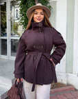 Short cashmere coat with warm lining, set, polyester 65% and viscose 35%, in the image.