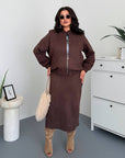 Set with zip-up suede bomber jacket, polyester and spandex, stylish and comfortable for everyday wear.