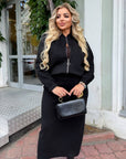 Set with zip-up suede bomber jacket, polyester 90% and spandex 10%, image of fashionable, elegant top with zip.