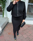 Set with zip-up suede bomber jacket, polyester and spandex, image of fashionable women's set.