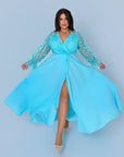 Long embroidered dress made from polyester, model SV082025, shown with the details on the embroidered elements.