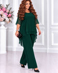 Chiffon set with an asymmetrical blouse and cotton polyester composition, stylish women's outfit in gentle colours.