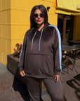 Hooded velvet set, viscose, cotton and elastane, shown in the image.