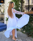 Long embroidered dress made from polyester, model SV082025, with an elegant design and decorative embroidered details