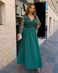 Long embroidered dress made from polyester, model SV082025, image of elegant dress with fine embroidered details