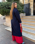 Long faux-cashmere coat with polyester, viscose and wool, model from the photo, suitable for winter style.
