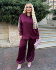 Satin-finish set with stripes for IT, polyester, viscose and elastane, image of elegant women's set.