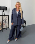 Blazer and wide-leg trouser set from the IT brand, polyester, viscose and spandex, in an elegant style, photo of the clothing.