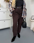 Corduroy trousers from an Italian brand, viscose, cotton and elastane, shown on a model.