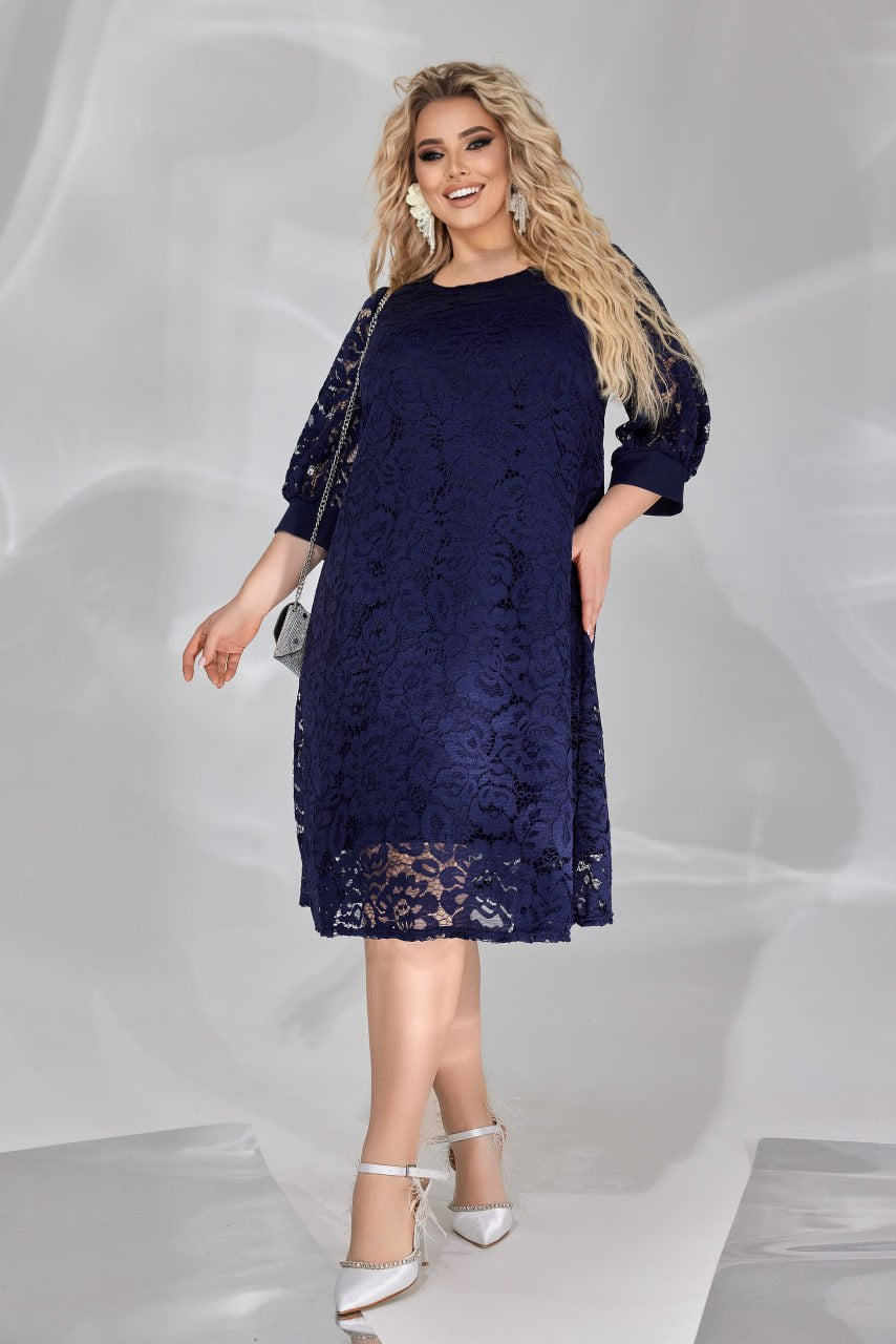 knee length dresses for ladies Hollow lace round neck loose casual mid-length sleeve dress – liwisi