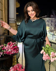 Satin set with a skirt , White цвят, елегантен дамски комплект от polyester и elastane, снимка на модел с леко разпусната skirt.