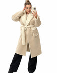 Long mixed-fabric coat in polyester and spandex, stylish design, a white coat shown on a model.