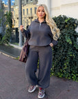 Fleece set with wide-leg trousers, polyester and elastane, comfortable and warm, product image from a Bulgarian online shop.