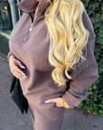 Fleece set with wide-leg trousers in polyester and elastane, comfortable for winter and everyday wear.