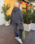 Velour hooded set, polyester and spandex, an elegant sporty ensemble in beige.