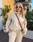 Velour hooded set, polyester and spandex, with a fashionable design and soft texture, made for comfort and style.