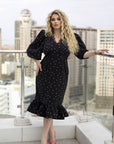 Polka dot dress with puff sleeves от viscose и polyester, подходяща за новогодишни празници, модел NewYear25.