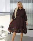 Flared dress with cut-outs and stones, polyester and viscose, a stylish women's dress suitable for special occasions.
