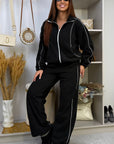 Fleece set with stripes in polyester and elastane, top and trousers, suitable for winter wear
