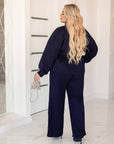 Suede blazer with a belt от polyester, viscose и elastane, показано върху модел, с елегантен дизайн и Dark blue цвят.