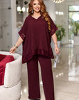 Комплект blouse и широк pants с бродерия, polyester и lycra, стиlinen и комфортен за ежедневна облекла