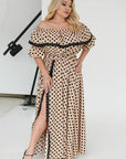 Long polka-dot dress with ruffle