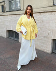 Cropped cardigan with a belt made from cotton and polyester, stylish design, white in colour, suitable for everyday style.
