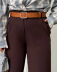 Women's wide-leg trousers made from polyester, viscose and spandex, model in the photo.