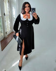 Midi dress with a statement collar made from polyester and elastane, image of elegant model, suitable for New Year celebrations.