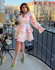 Къса цветна рокля с волани, модел NewYear25, polyester, lycra и nylon, с флорални мотиви, подходяща за празничен стил