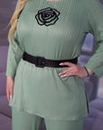 Ribbed fabric set with a belt , съдържащ polyester, lycra и nylon, изображение на стиlinen дамски комплект.