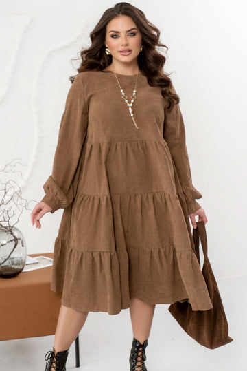 Платье из бархата в рубчик с рюшами