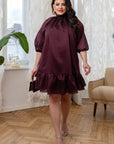 Short dress with a bow and ruffles , модел YR, polyester и spandex, с ярки детайли и елегантен дизайн.
