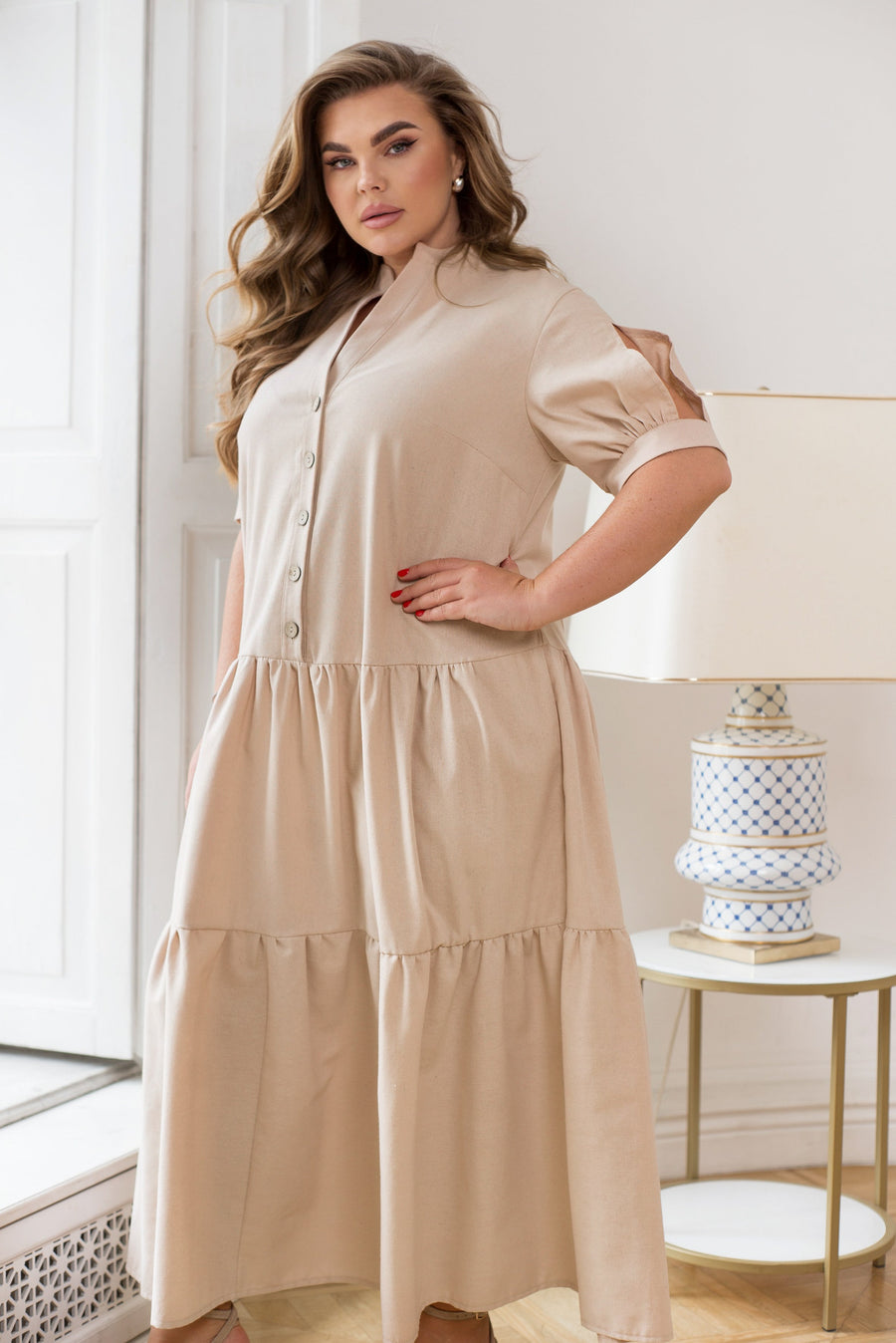 Дълго ленено рокля с копчета