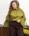 Stylish women’s blouse with ruffles and a high neckline  от YR, tencel и cotton, Whiteа с елегантен дизайн и фини детайли