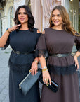 Set with a long skirt and lace, made from polyester, viscose and lycra, with an elegant design and detailed lace dress.