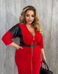 Stylish midi dress with leather panels and a belt, made from polyester, viscose and lycra, suitable for everyday life and special occasions.