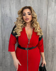 Stylish midi dress with leather panels and a belt, made from polyester, viscose and lycra, for elegant appearance.
