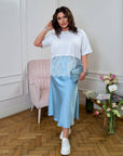 Копринена skirt с миди Length, Composition от polyester, визкоза и elastane, изображение на стилна риза.
