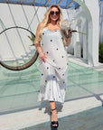 Long polka-dot satin dress