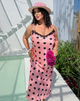 Long polka-dot satin dress