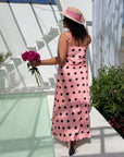 Long polka-dot satin dress