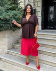 Satin blouse with lace, white, with elastane and viscose, shown on a model, suitable for elegant style.