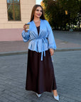 Satin kimono with a belt, polyester and viscose, in rich colour, shown in the image.
