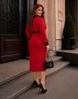 Women's fitted dress with a statement collar, polyester, viscose and spandex, image of a model in white dress.