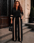 Set with wide-leg trousers made from polyester, viscose and spandex, image of a model, worn comfortable everyday outfit.