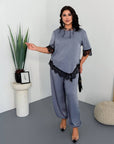 Satin set with lace, satin fabric and delicate lace, in shades of white and beige.